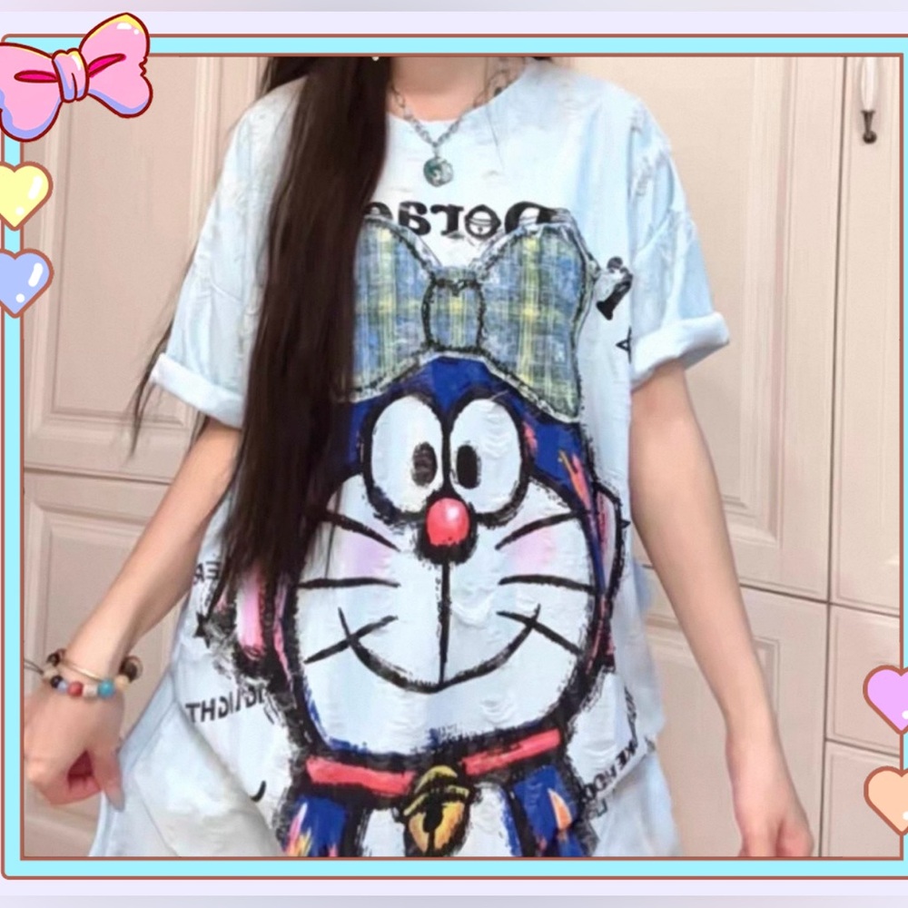 LiuXia Doraemon Bow Tie Print Short Sleeve T Shirt Pale Blue OS NWT Casual